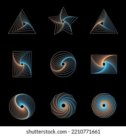 Set of 3D twisted blue and yellow spirals. Geometry tunnel with lines. Abstract technology circle, square and polygons. Vector illustration.
