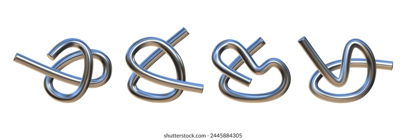 Set of 3D twisted curves. Liquid chrome abstract shape, metallic puzzle, vector set for futuristic design in Y2K style.