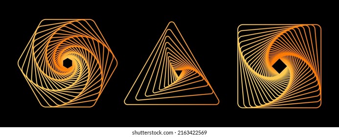 Set of 3D twisted gold gradient spirals. Geometry tunnel with lines. Abstract technology circle, square and heptagon. Vector illustration.