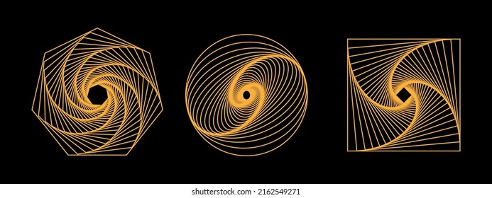 Set of 3D twisted gold spirals. Geometry tunnel with lines. Abstract technology circle, square and heptagon. Vector illustration.