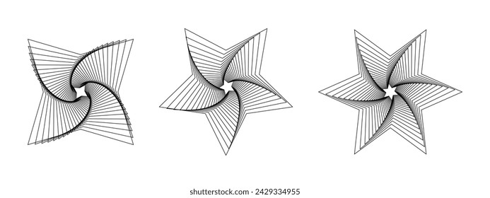 Set of 3D twisted lines. Style gradient spirals. Geometry tunnel with figures. Abstract technology stars. Vector illustration.