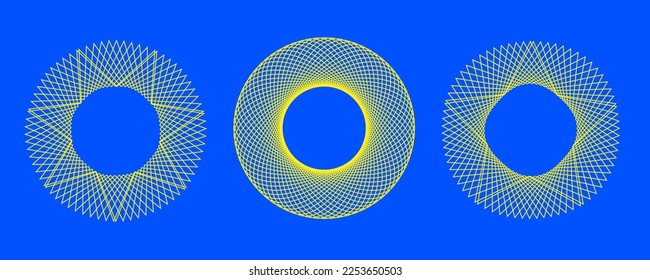 Set of 3D twisted yellow spirals. Geometry tunnel with lines. Abstract style technology. Vector illustration.