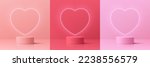 Set of 3D valentine day background with pink, coral red realistic cylinder pedestal podium. Neon light heart shape. Vector geometric form. Mockup product display. Minimal wall scene. Stage showcase.