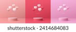 Set of 3D valentine day background pink, red, white cylinder podium with floating pastel balloon heart shape. Vector geometric platform. Abstract mockup product display. Minimal scene. Stage showcase.