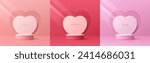 Set of 3D valentine day background with pink, red realistic cylinder podium pedestal. Heart shape frames backdrop. Vector geometric form. Mockup product display. Pastel minimal scene. Stage showcase.