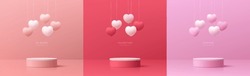 Set Of 3D Valentine Day Background Pink, Red, White Cylinder Podium With Floating Pastel Balloon Heart Shape. Vector Geometric Platform. Abstract Mockup Product Display. Minimal Scene. Stage Showcase.