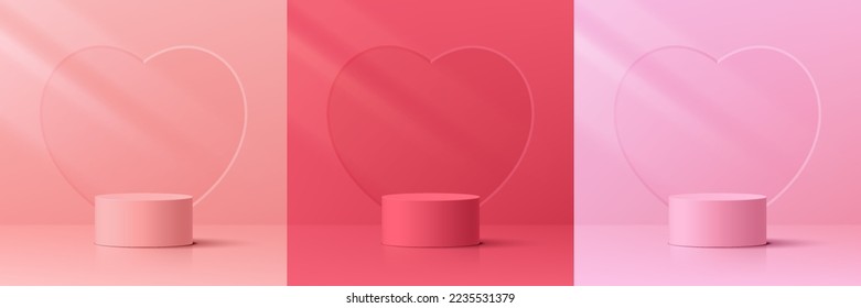 Set of 3D valentine day background with pink, red, coral pink realistic cylinder pedestal podium. Heart texture scene. Vector geometric form. Mockup product display. Minimal wall scene. Stage showcase