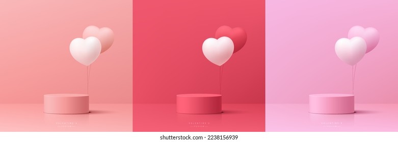 Set of 3D valentine day background with pink, red, white realistic cylinder pedestal podium. Balloon heart shape. Vector geometric form. Mockup product display. Minimal wall scene. Stage for showcase