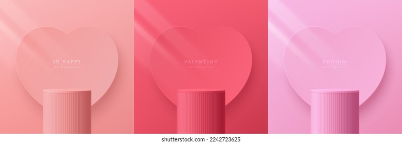 Set 3D valentine day background and pink  coral red realistic cylinder stand podium  Heart shape backdrop  Vector geometric form  Mockup product display  Pastel minimal wall scene  Stage showcase 