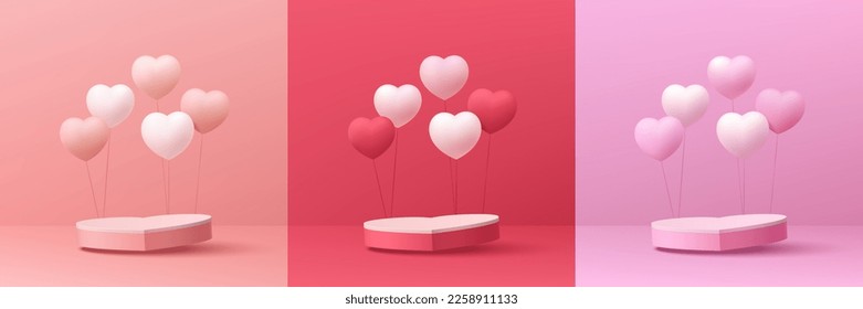 Conjunto de fondo 3D valentino del día con forma de corazón de podio peatonal rosa, rojo, blanco y realista. Corazón de globo volador. Forma geométrica vectorial. Pantalla de producto de mordaza. Escena mínima en la pared. Muestra de escenario.