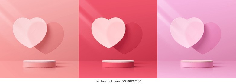 Set of 3D valentine day background with pink, red, white cylinder pedestal podium. Glass heart shape overlap scene. Vector geometric form. Mockup product display. Minimal wall scene. Stage showcase.