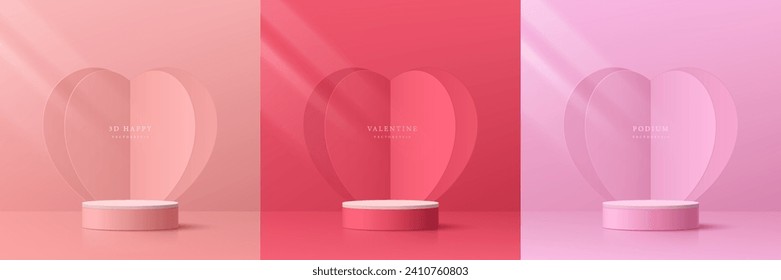 Conjunto de fondo 3D de día valentino con pedestal de podio de cilindro blanco, rojo y rosa. Fondo del corazón en estilo de papel. Plataforma geométrica vectorial. Pantalla de producto de mordaza. Escena mínima. Muestra de escenario.