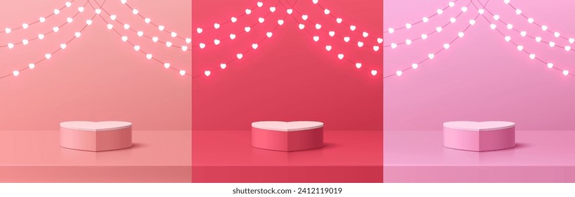 Set of 3D valentine day background with pink, coral red realistic cylinder pedestal podium. Neon light heart shape. Vector geometric form. Mockup product display. Pastel minimal scene. Stage showcase.