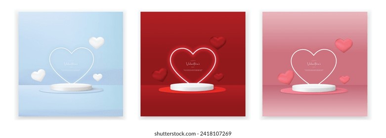 Set of 3D valentine day background pink, red, blue cylinder podium with floating pastel balloon heart shape. Vector geometric platform. Abstract mockup product display. Minimal scene. Stage showcase.