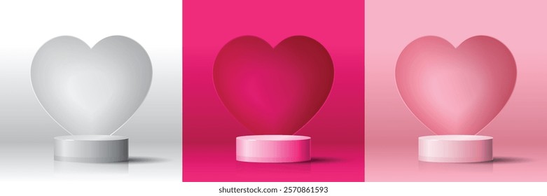 Set of 3D valentine day background white, magenta, pink cylinder podium with heart shaped background. Vector geometric platform. Abstract mockup product display. Minimal scene. Stage showcase