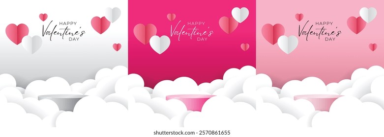 Set of 3D valentine day background white, magenta, pink cylinder podium surrounded with clouds. Vector geometric platform. Abstract mockup product display. Minimal scene. Stage showcase