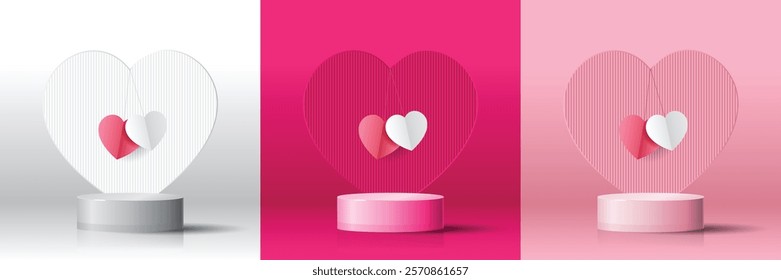 Set of 3D valentine day background white, magenta, pink cylinder podium with heart shape background. Vector geometric platform. Abstract mockup product display. Minimal scene. Stage showcase