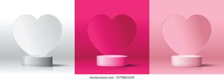 Set of 3D valentine day background white, magenta, pink cylinder podium with gradient heart shape background. Vector geometric platform. Abstract mockup product display. Minimal scene. Stage