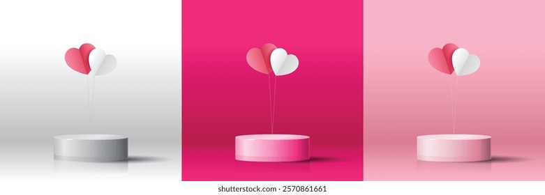 Set of 3D valentine day background white, magenta, pink cylinder podium with floating heart shape. Vector geometric platform. Abstract mockup product display. Minimal scene. Stage showcase