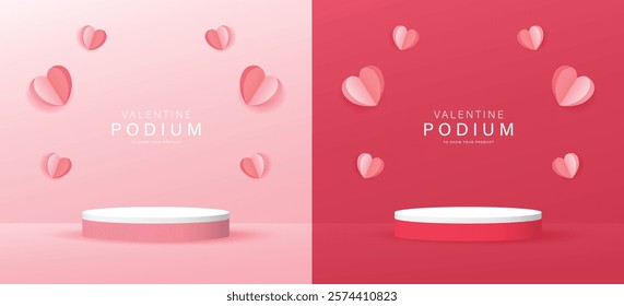 Set of 3D valentine day background pink, red cylinder podium with floating pastel heart paper art. Vector geometric platform. Abstract mockup product display. Minimal scene. Stage showcase.