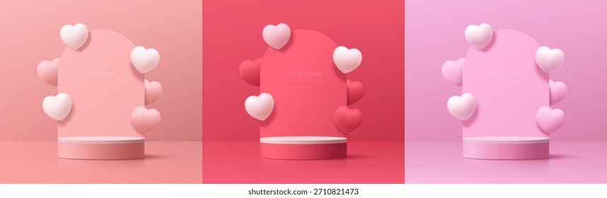 Set of 3D valentine day background pink, red, white podium with arch backdrop, floating balloon heart shape. Vector geometric platform. Abstract mockup product display. Minimal scene. Stage showcase.