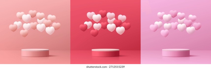 Set von 3D Valentinstag Hintergrund rosa, rot, weißen Zylinder Podium mit vielen schwimmenden Pastellherzballons. Geometrische Vektorplattform. Abstrakte Produktdarstellung mit Musteranzeige. Minimale Szene. Bühnenshow.