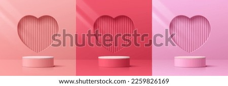 Set of 3D valentine day background with pink, red, white cylinder pedestal podium. Papercut in window heart shape. Vector geometric platform. Mockup product display. Minimal wall scene. Stage showcase
