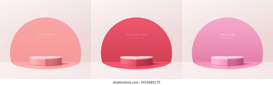 Conjunto de podio 3D de forma cardíaca de día valentina con rosado y rojo claro en escena de fondo semicírculo. Presentación del producto de simulación de plataformas. Composición abstracta en diseño mínimo. Muestra de escenario.