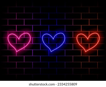 Set of 3D Valentine's Day background with pink realistic cylinder pedestal podium, red coral. Neon light heart shape. Vector geometric shape. Green, red, yellow, pink, blue, orange