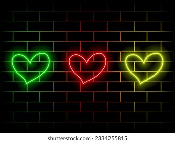 Set of 3D Valentine's Day background with pink realistic cylinder pedestal podium, red coral. Neon light heart shape. Vector geometric shape. Green, red, yellow, pink, blue, orange.