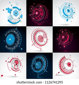 Set of 3d vector abstract backgrounds created in Bauhaus retro style. Geometric composition can be used as templates and layouts. Engineering technology wallpapers made with circles.