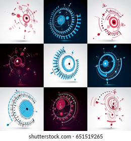 Set of 3d vector abstract backgrounds created in Bauhaus retro style. Geometric composition can be used as templates and layouts. Engineering technology wallpapers made with circles.