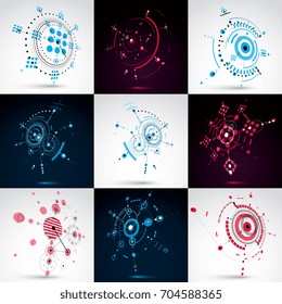 Set of 3d vector abstract backgrounds created in Bauhaus retro style. Geometric composition can be used as templates and layouts. Engineering technology wallpapers made with circles.
