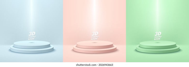 Set of 3D vector abstract studio room with pedestal podium. Blue, Pink, Green geometric platform collection design. Pastel scene for demonstration of cosmetic products, Showcase, Promotion display.