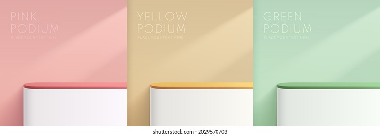 Set of 3D vector abstract studio room with pedestal podium. Yellow, Pink, Green and white geometric platform collection design. Pastel wall scene for cosmetic products, Showcase, Promotion display.