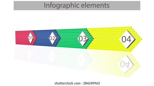 Set of 3d vector arrows with perspective pointing to the right, consisted from small cubic elements, isolated on white background, business vector background, infographic diagram elements
