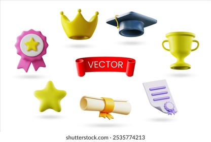 Conjunto de iconos de premio de Vector 3D. Corona, medalla, premio, gorra de graduación, certificado, diploma, estrella, cinta.