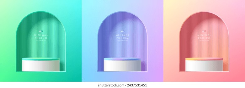 Set of 3D vector background with realistic pink, green, blue hologram and pink podium in arch window scene. Abstract minimal studio rooms. Mockup product display. geometric platforms. Stage showcase.