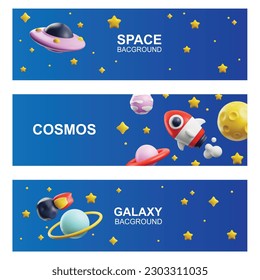 Set of 3d vector banners of space rocket, UFO, meteorite against the background of planets saturn, stars. Realistic illustrationsin plastic cartoon style for universe cosmos education, for posters for