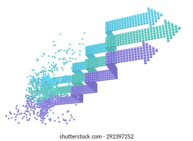 Set of 3d vector bended arrows with perspective pointing to the up right, consisted from small cubic elements, isolated on white background, business vector background, infographic diagram elements