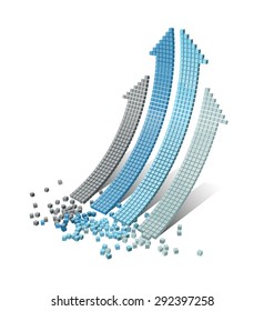 Set of 3d vector bended arrows with perspective pointing to the up right, consisted from small cubic elements, isolated on white background, business vector background, infographic diagram elements