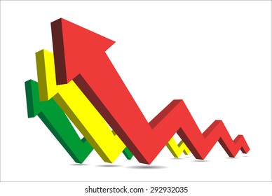 Set of 3d vector bended arrows with perspective pointing to the up left, with steps, red, green and yellow, isolated on white background, business vector background, infographic diagram elements