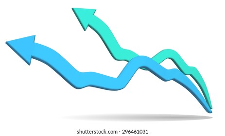 Set of 3d vector bended arrows with perspective pointing to the up left, smooth and fluent, blue and light green, isolated on white background, business vector background, infographic diagram elements