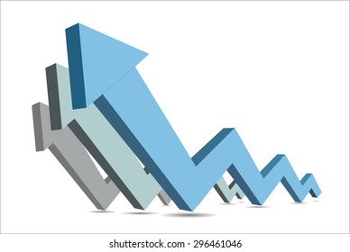 Set of 3d vector bended arrows with perspective pointing to the up left, consisted of steps, blue and grey, isolated on white background, business vector background, infographic diagram elements