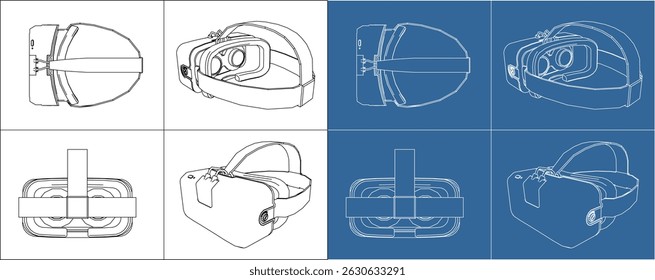 Set 3D Vector Blueprint of Virtual Reality Headset – AR Glasses Technical Drawing for Modern Technology