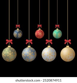 Set 3D vector bundle of colorful Christmas ornaments with an elegant red ribbon. Christmas celebration, Christmas collection.