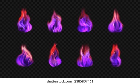 Set of 3d vector burning purple flames. Magic duotone fireballs isolated on transparent background