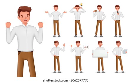 Set of 3d vector businessman character illustration design. Presentation in various action. People working in office planning, thinking and economic analysis.