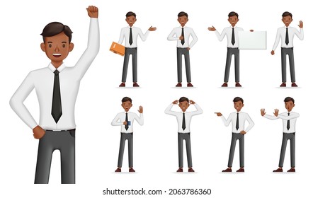 Set of 3d vector businessman character illustration design. Presentation in various action. People working in office planning, thinking and economic analysis.
