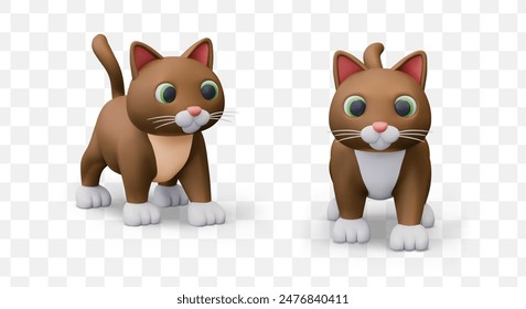 Set of 3D vector cats. Domestic furry animal, pet. Small predator, front and side view